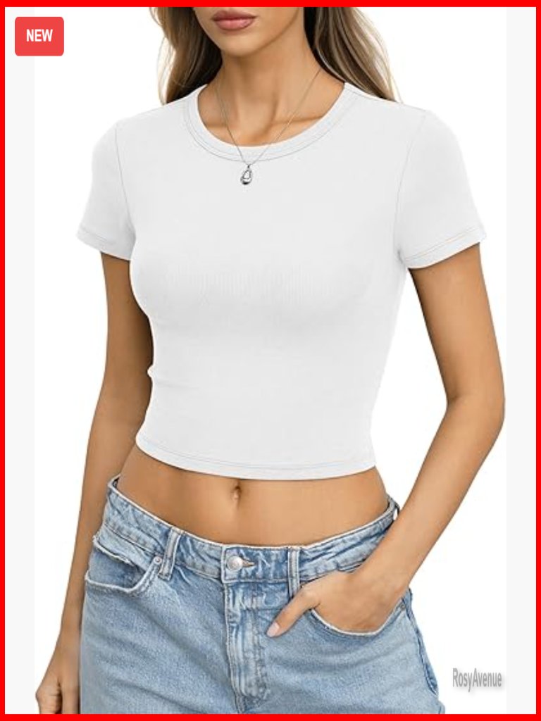 Cotton Ribbed Crop Top Short Sleeve Fitted Tee Summer Basic